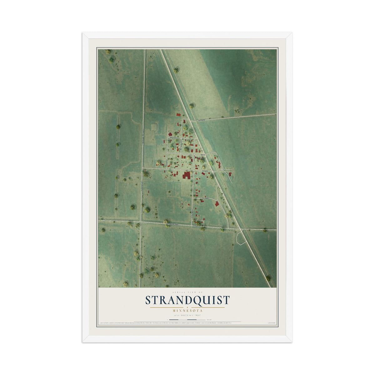 Map of Strandquist, Minnesota, 12 x 18 inch print in a white wood frame
