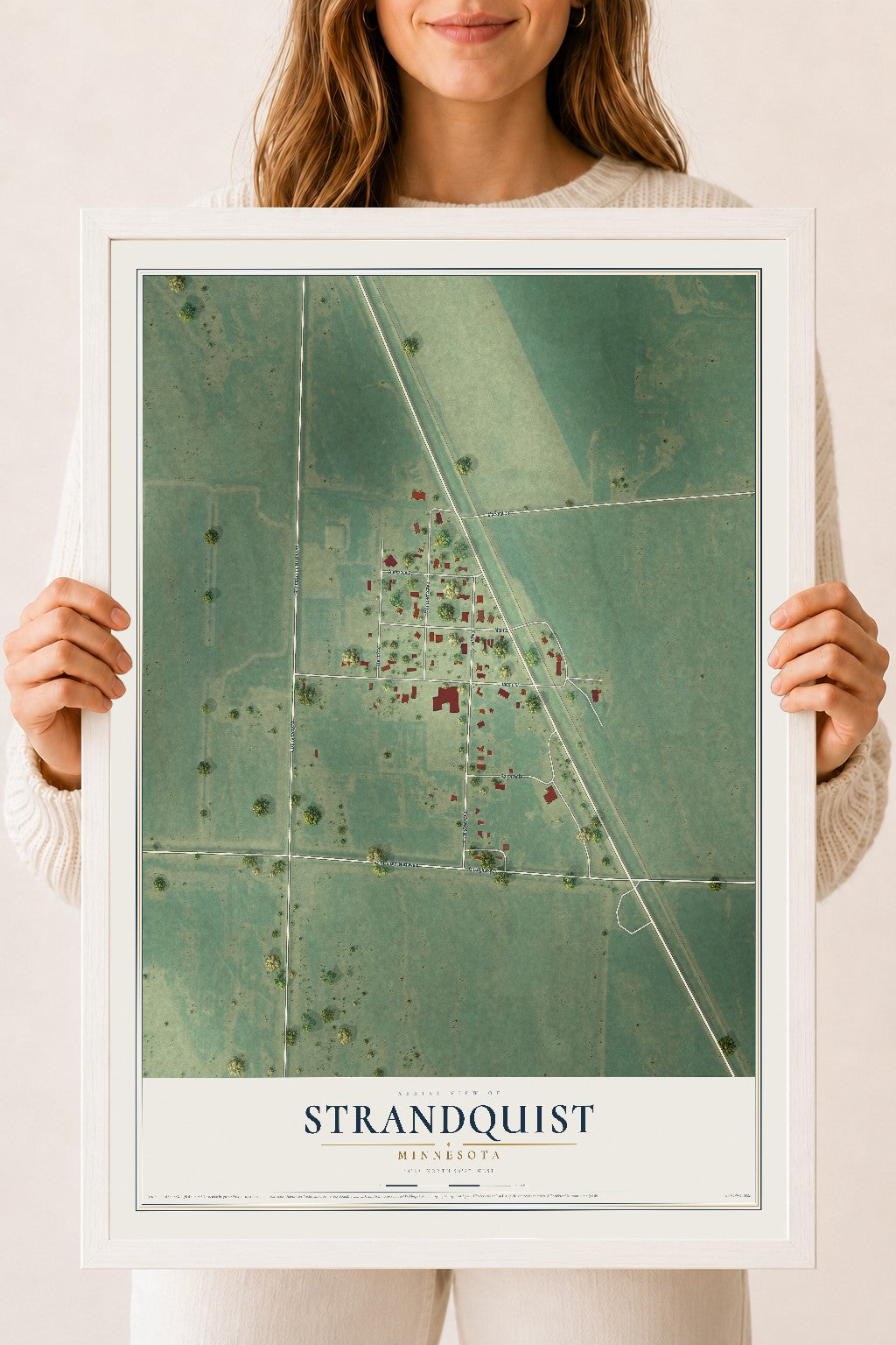 Map of Strandquist, Minnesota, 18 x 24 inch print in a white wood frame