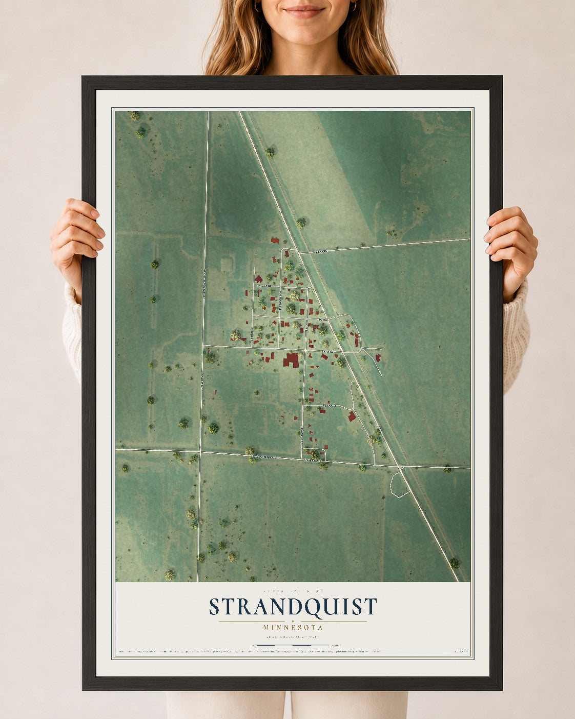 Map of Strandquist, Minnesota, 24 x 36 inch print in a black wood frame