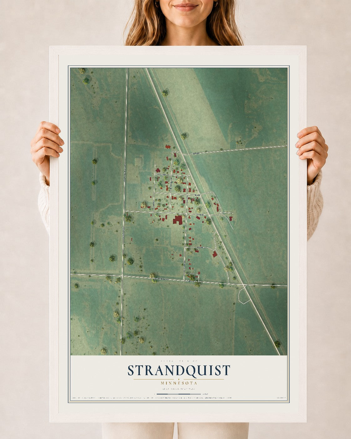 Map of Strandquist, Minnesota, 24 x 36 inch print in a white wood frame