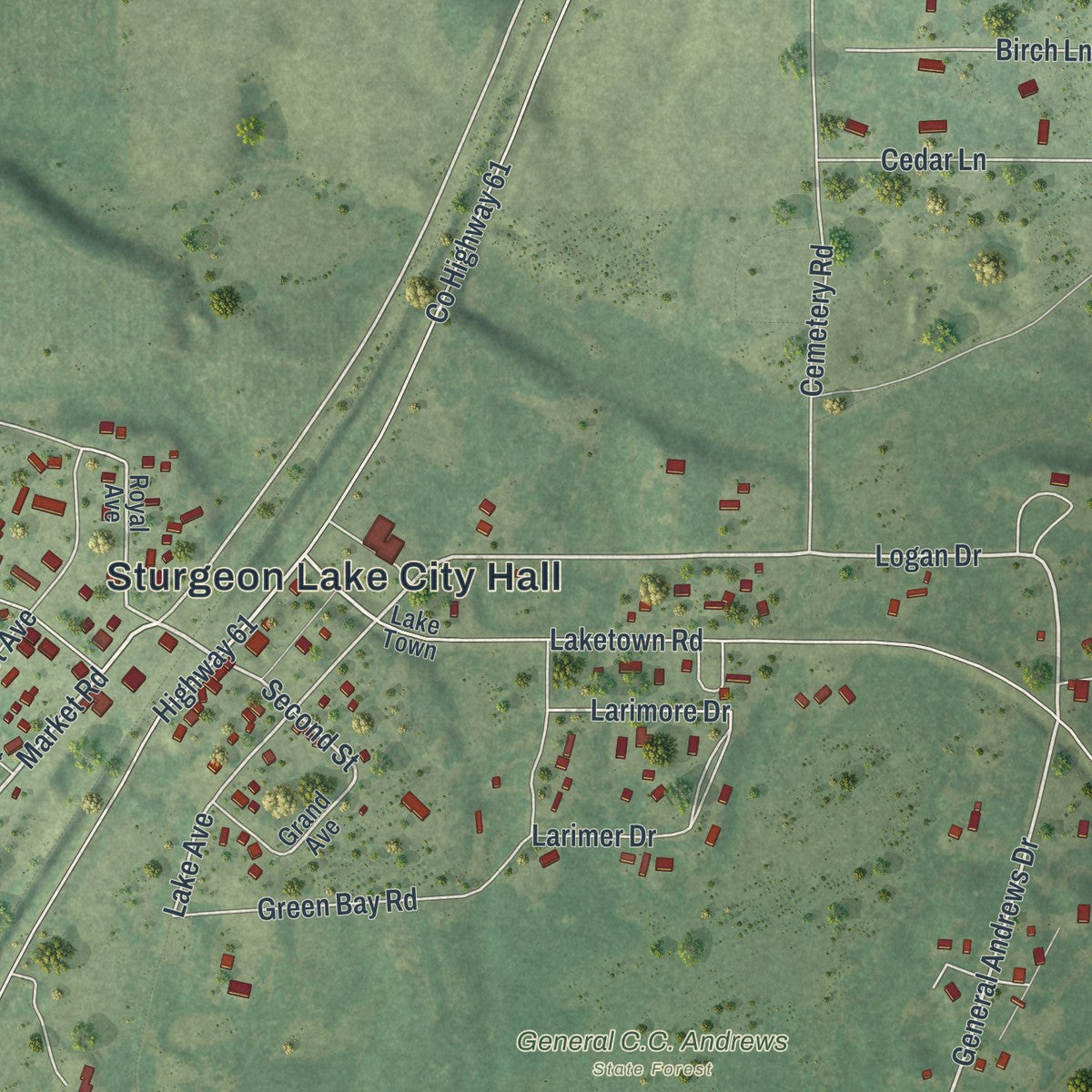 Close-up of the map of Sturgeon Lake, Minnesota print showing street and building detail