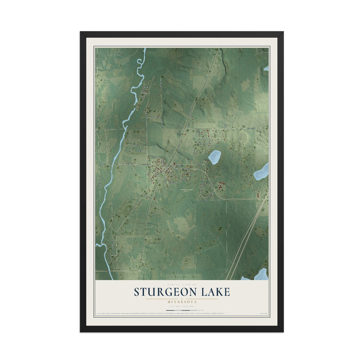 Map of Sturgeon Lake, Minnesota, 12 x 18 inch print in a black wood frame