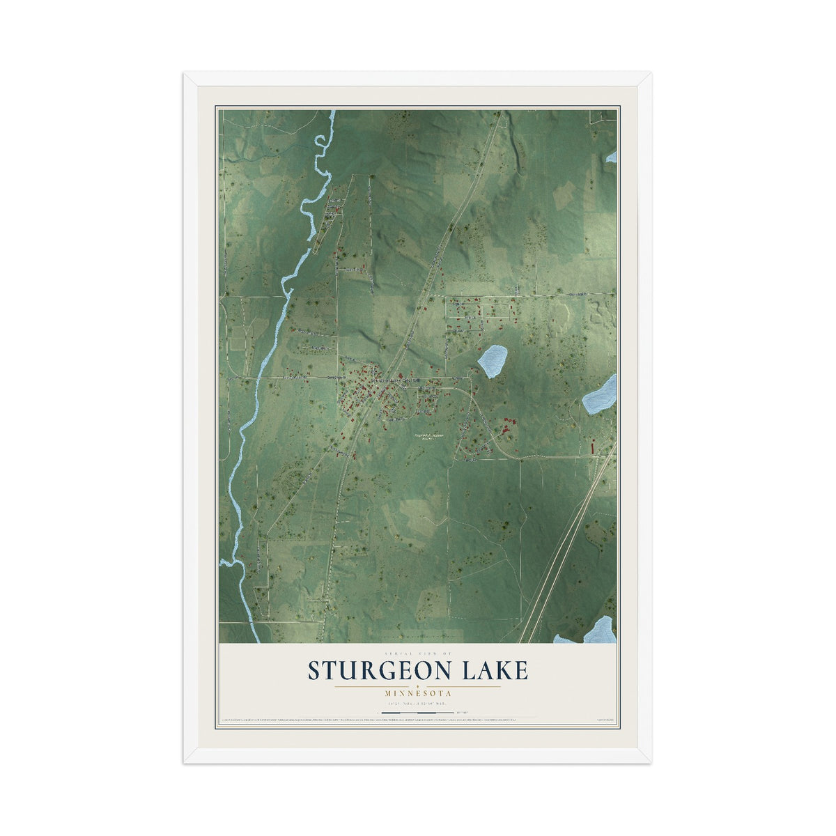 Map of Sturgeon Lake, Minnesota, 12 x 18 inch print in a white wood frame
