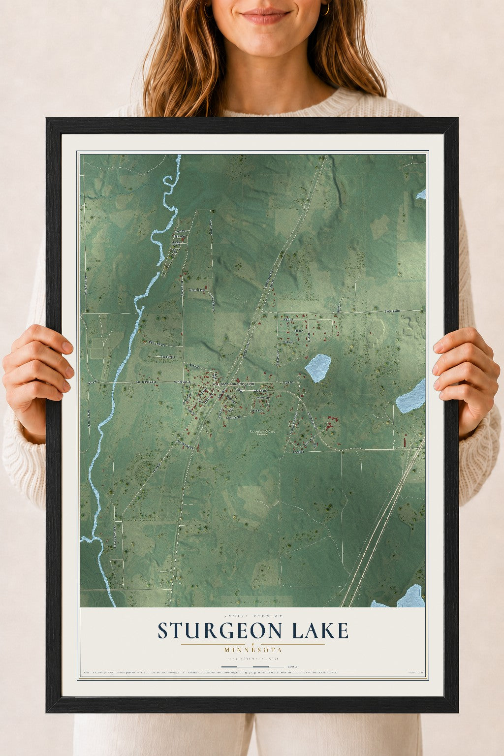 Map of Sturgeon Lake, Minnesota, 18 x 24 inch print in a black wood frame