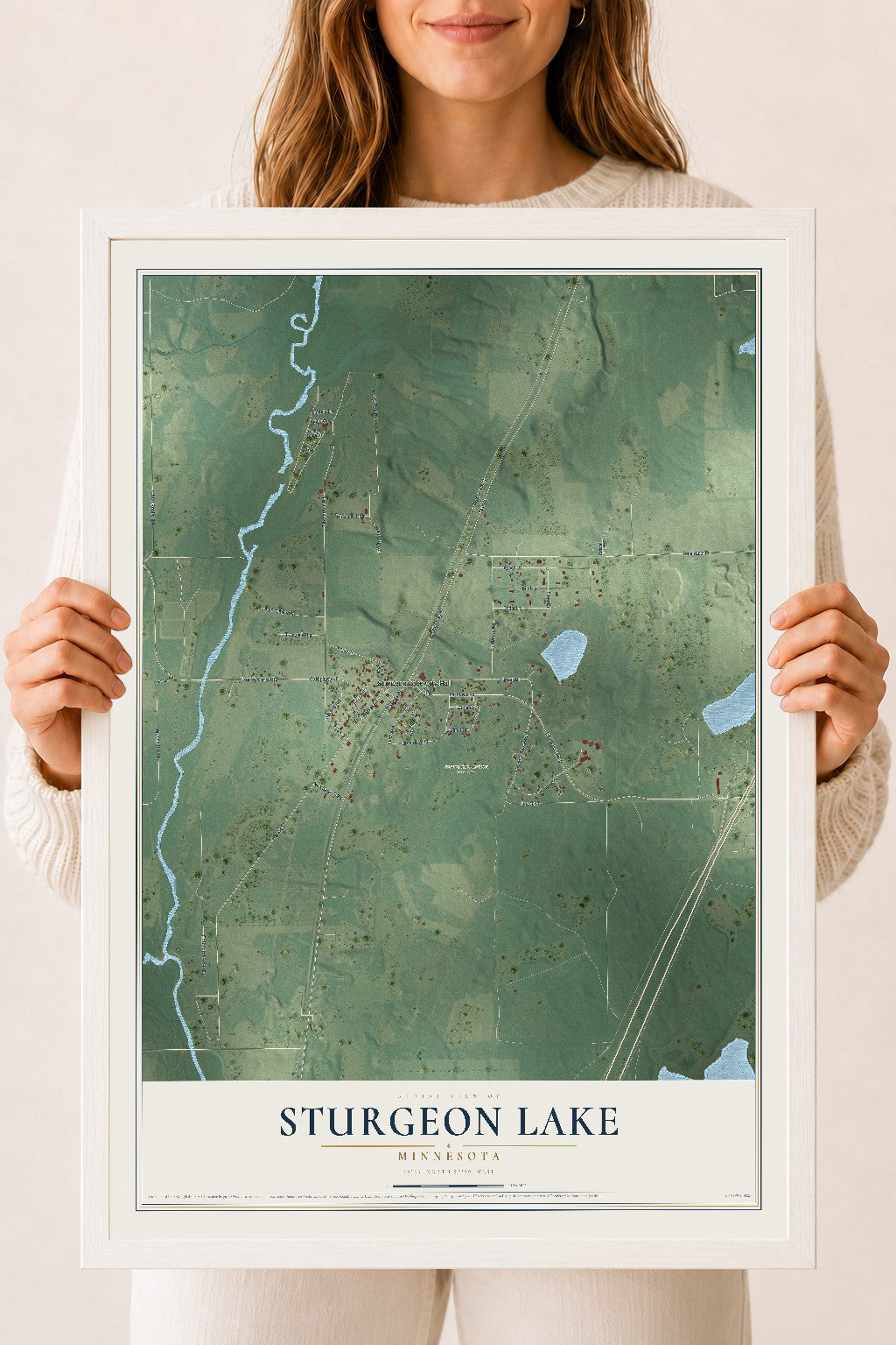 Map of Sturgeon Lake, Minnesota, 18 x 24 inch print in a white wood frame