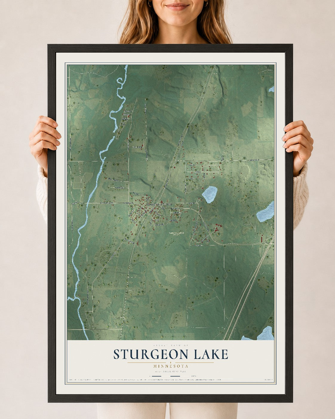 Map of Sturgeon Lake, Minnesota, 24 x 36 inch print in a black wood frame