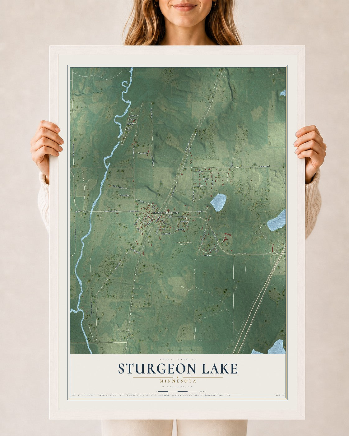 Map of Sturgeon Lake, Minnesota, 24 x 36 inch print in a white wood frame