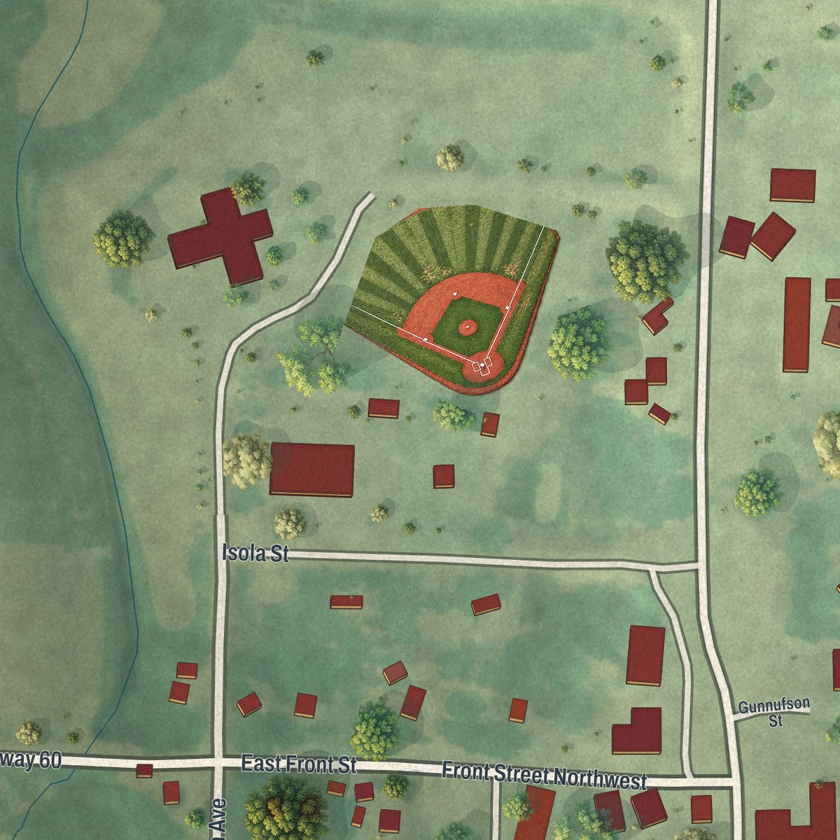 Close-up of the map of Sunburg, Minnesota print showing street and building detail