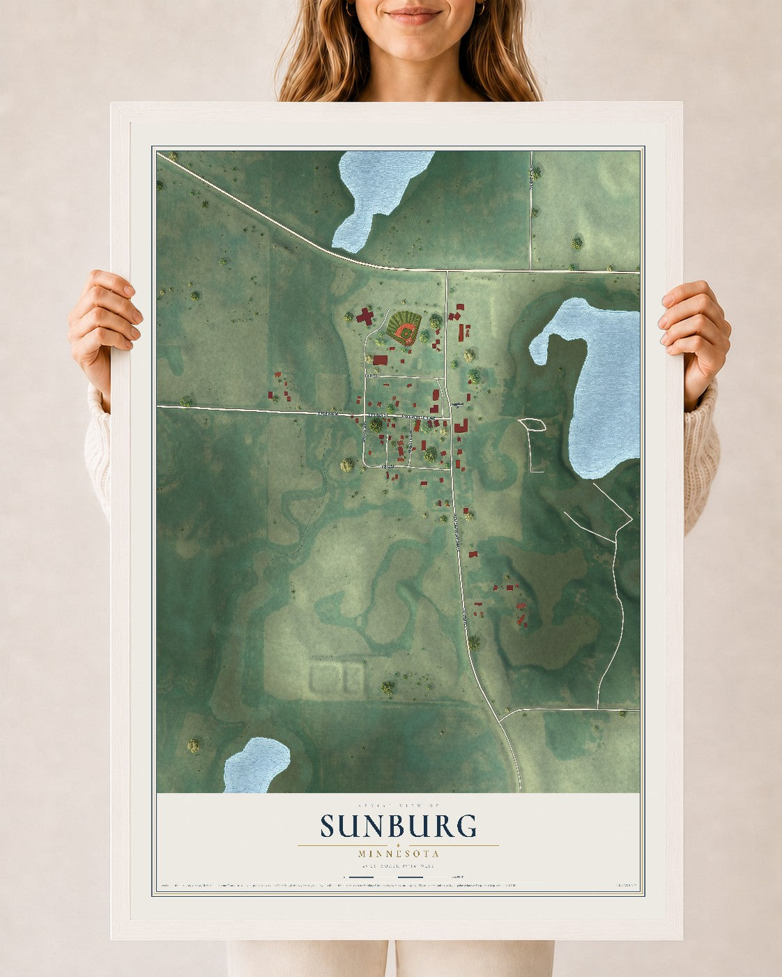Map of Sunburg, Minnesota, 24 x 36 inch print in a white wood frame