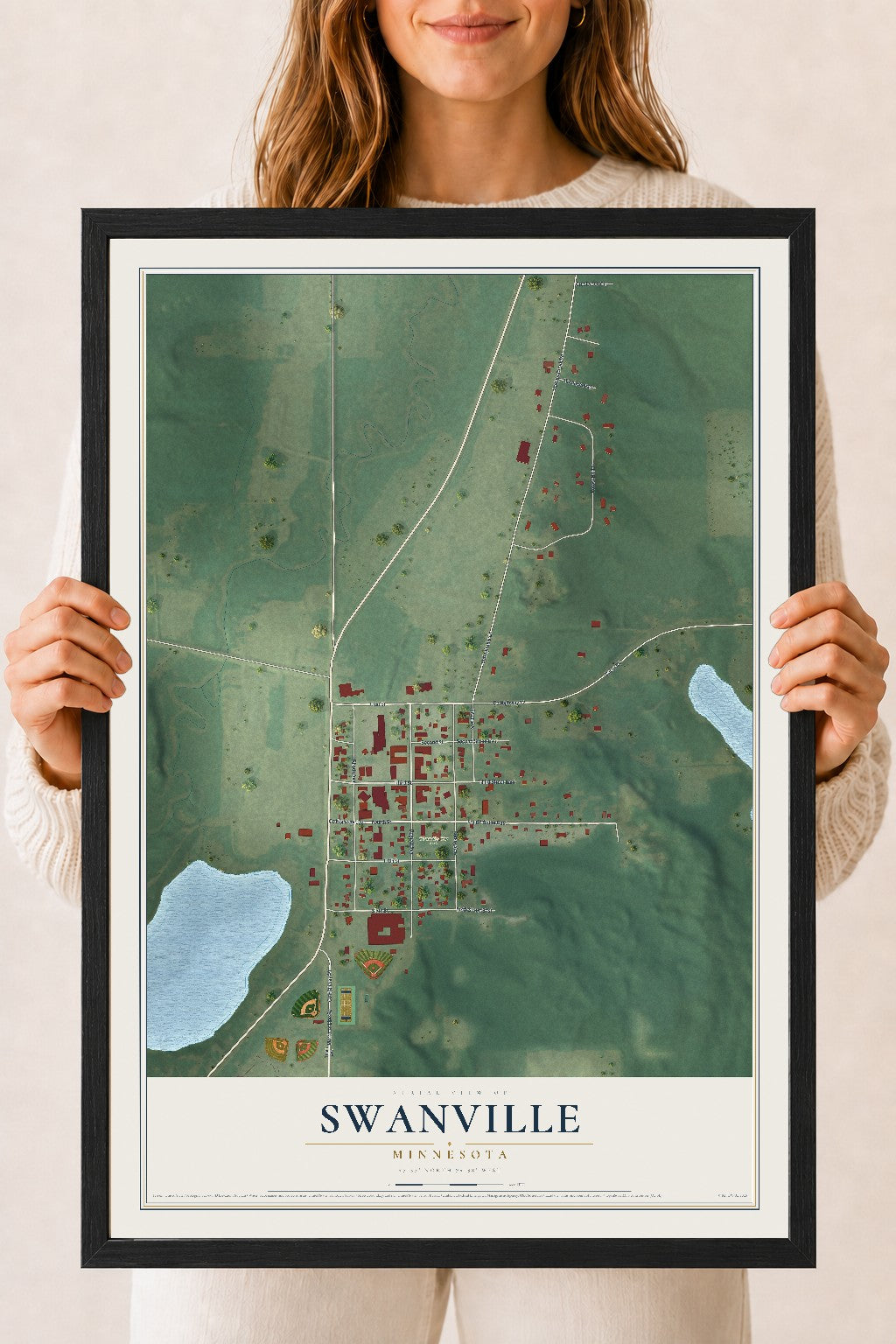 Map of Swanville, Minnesota, 18 x 24 inch print in a black wood frame