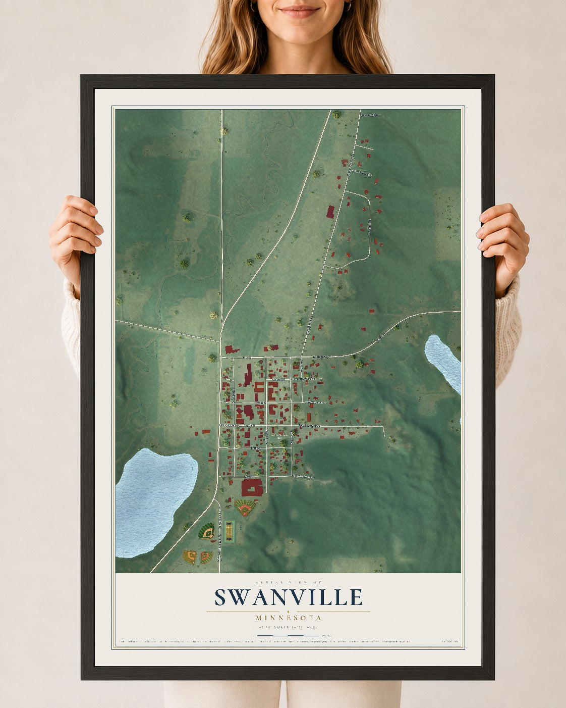 Map of Swanville, Minnesota, 24 x 36 inch print in a black wood frame