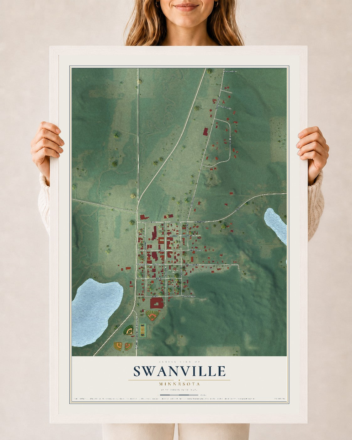 Map of Swanville, Minnesota, 24 x 36 inch print in a white wood frame