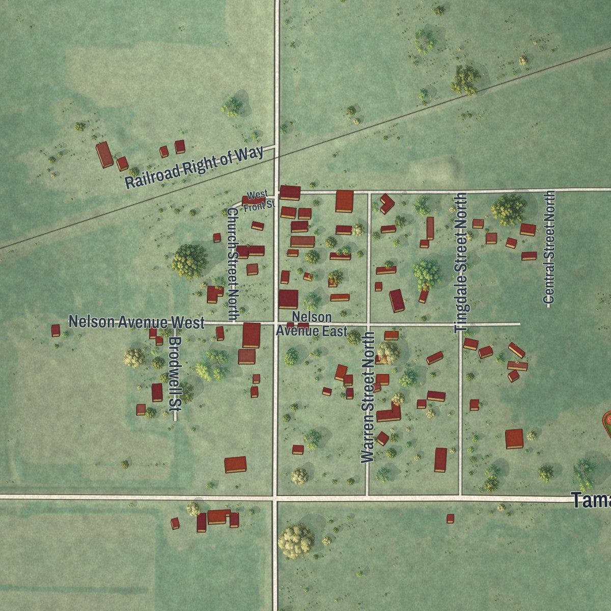 Close-up of the map of Tamarack, Minnesota print showing street and building detail