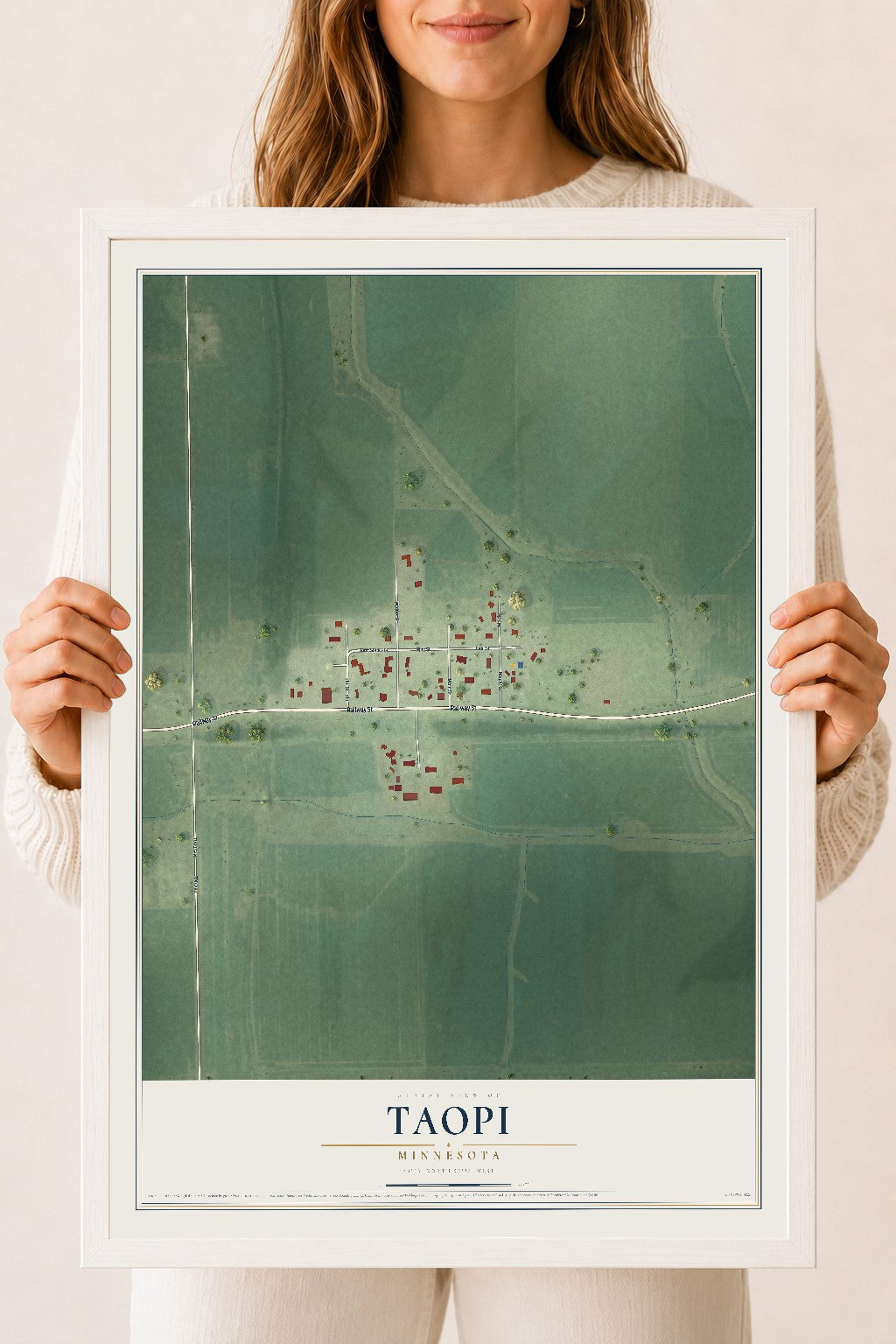 Map of Taopi, Minnesota, 18 x 24 inch print in a white wood frame