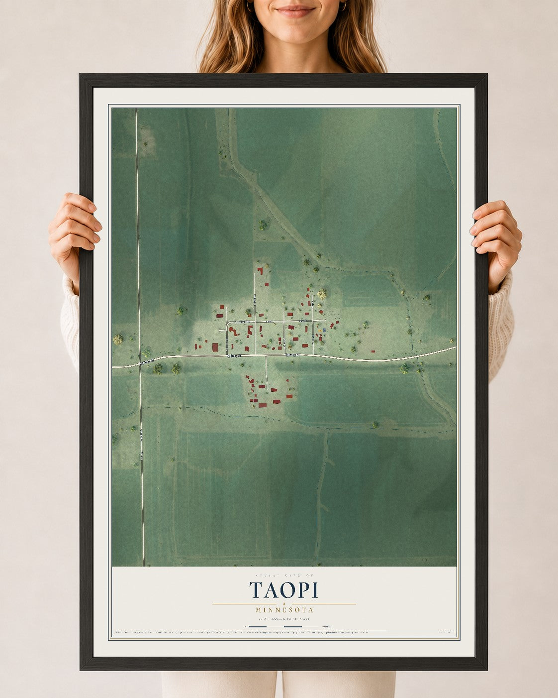 Map of Taopi, Minnesota, 24 x 36 inch print in a black wood frame