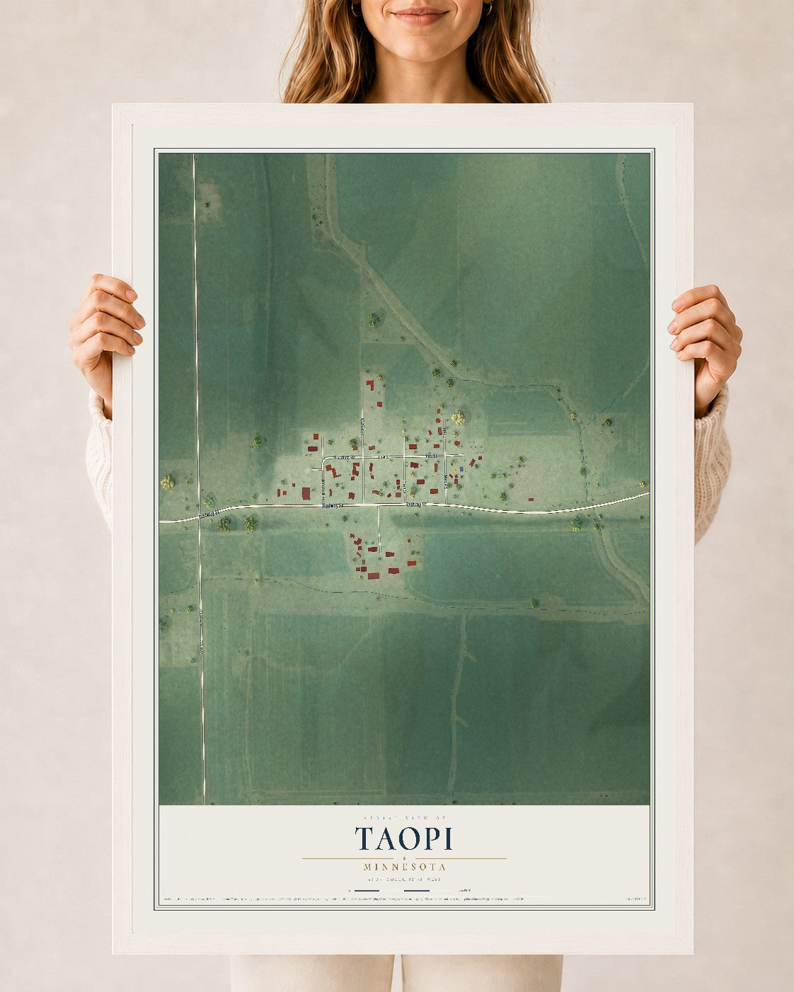 Map of Taopi, Minnesota, 24 x 36 inch print in a white wood frame