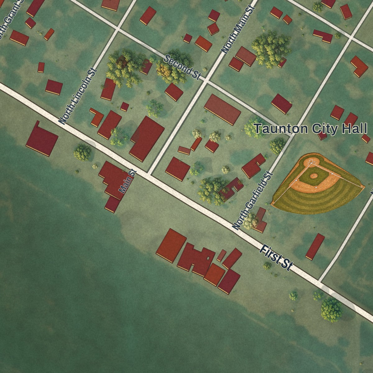 Close-up of the map of Taunton, Minnesota print showing street and building detail