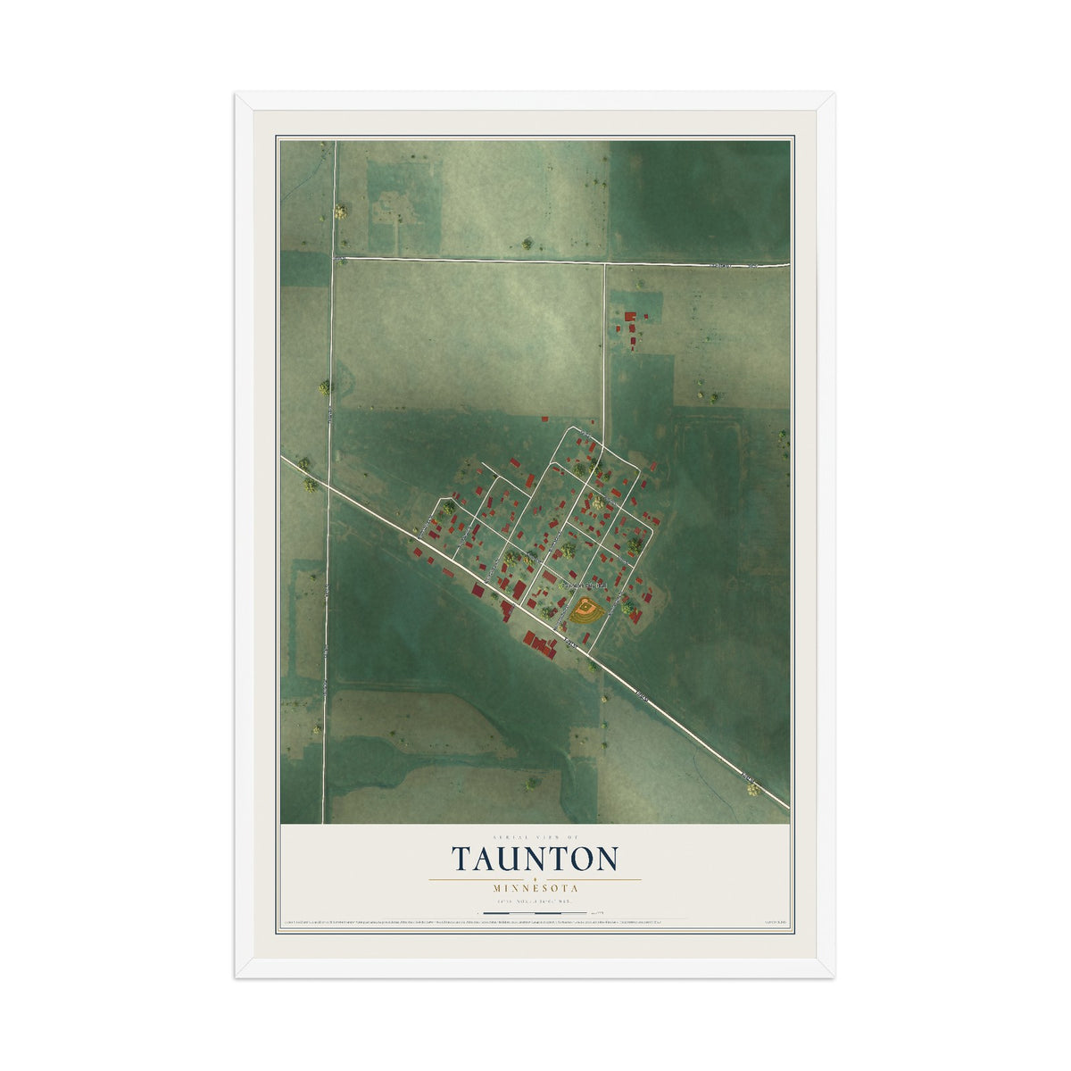 Map of Taunton, Minnesota, 12 x 18 inch print in a white wood frame