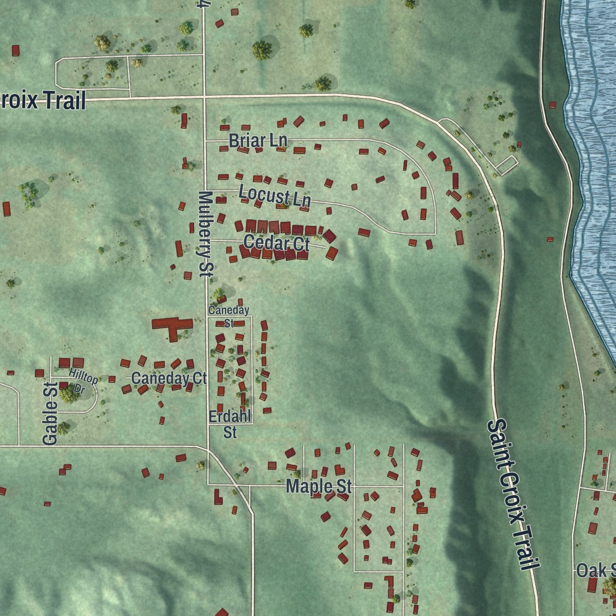 Second close-up of the map of Taylors Falls, Minnesota print showing more streets and buildings