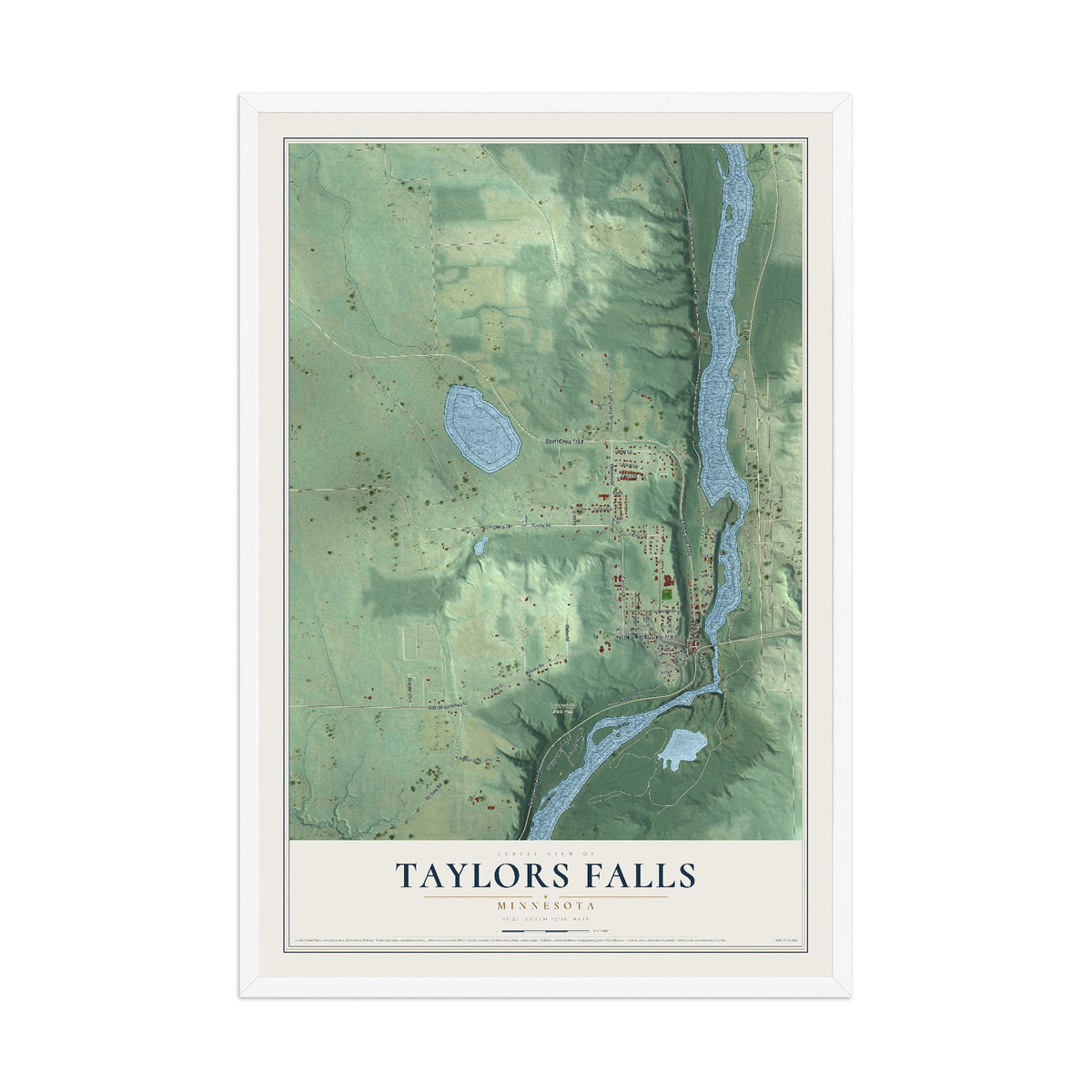 Map of Taylors Falls, Minnesota, 12 x 18 inch print in a white wood frame