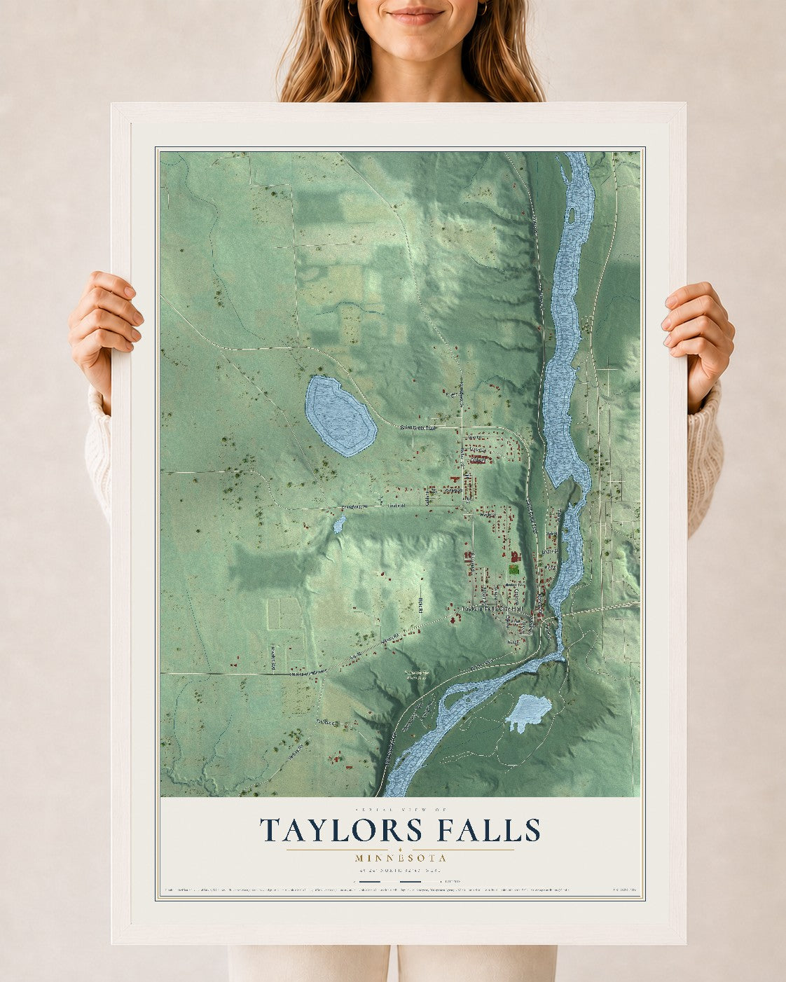 Map of Taylors Falls, Minnesota, 24 x 36 inch print in a white wood frame