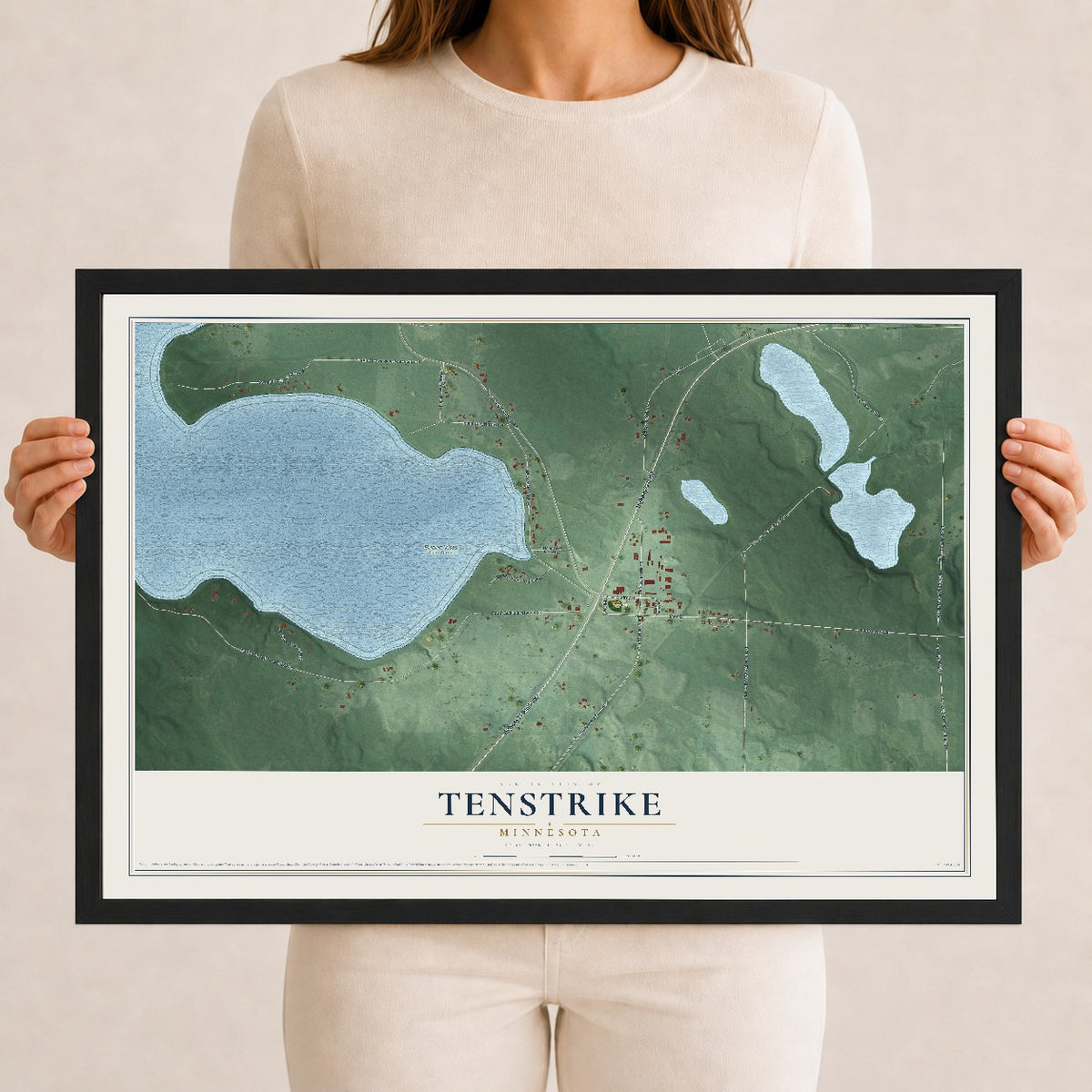 Map of Tenstrike, Minnesota, 12 x 18 inch print in a black wood frame