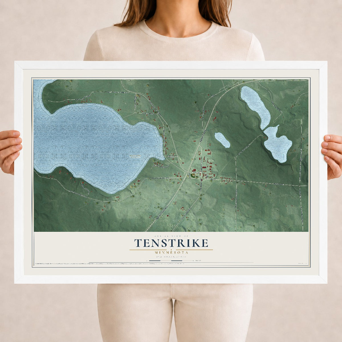 Map of Tenstrike, Minnesota, 18 x 24 inch print in a white wood frame