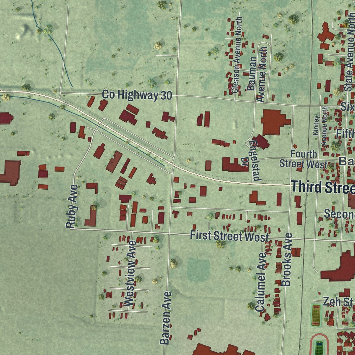 Second close-up of the map of Thief River Falls, Minnesota print showing more streets and buildings
