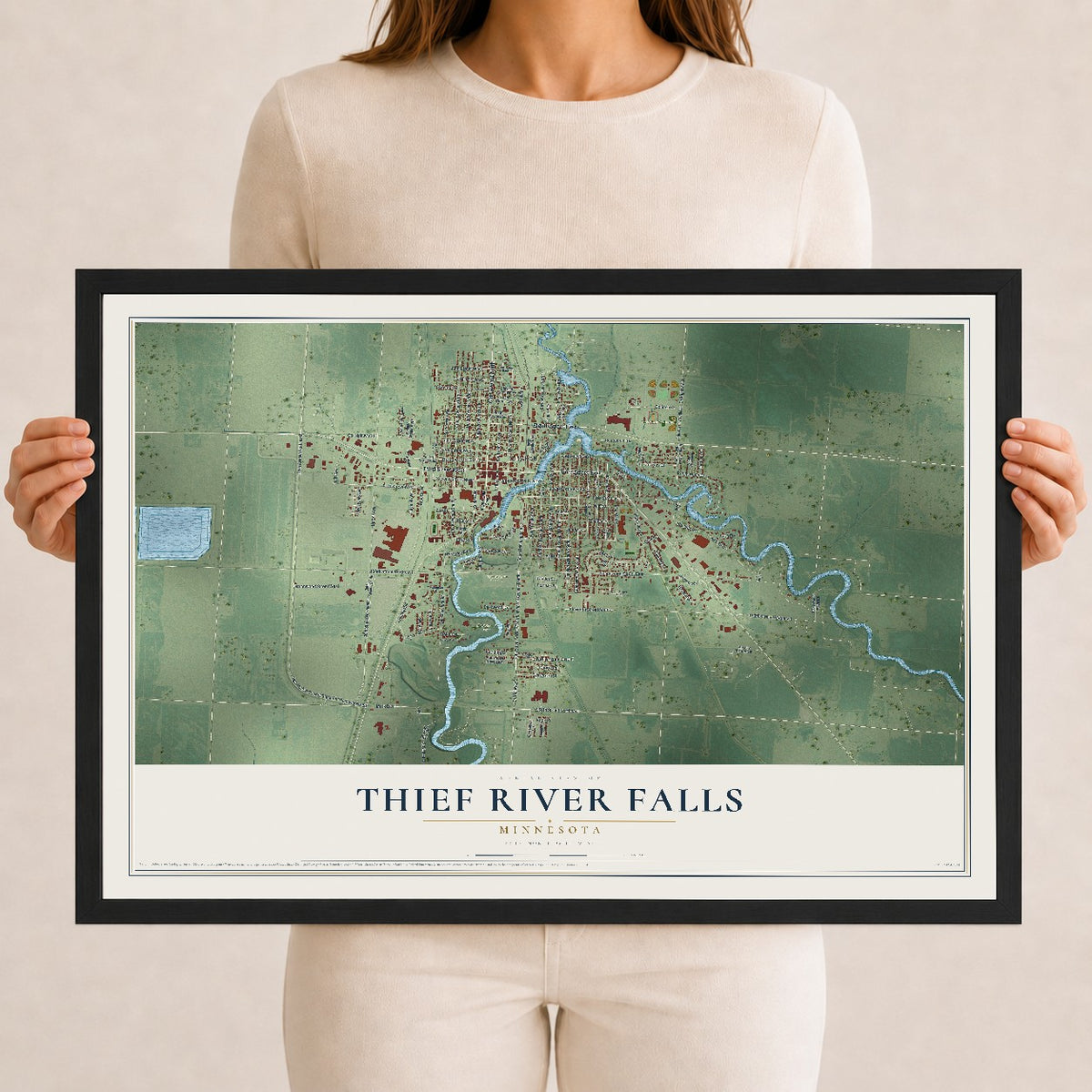 Map of Thief River Falls, Minnesota, 12 x 18 inch print in a black wood frame