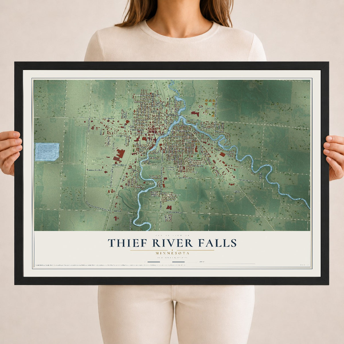 Map of Thief River Falls, Minnesota, 18 x 24 inch print in a black wood frame