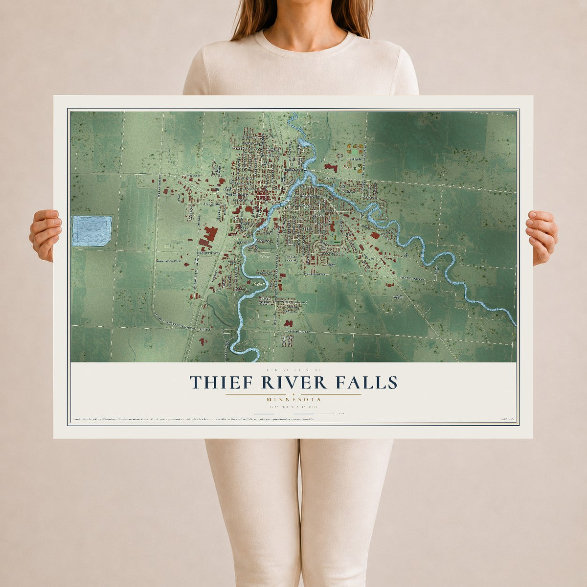 Map of Thief River Falls, Minnesota, 24 x 36 inch unframed archival matte print