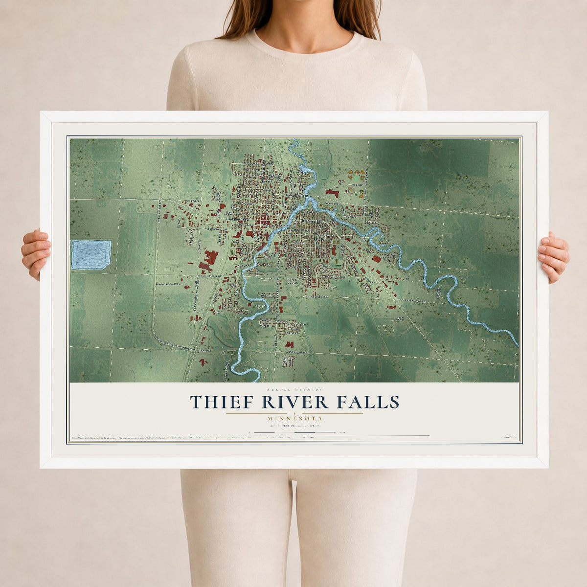 Map of Thief River Falls, Minnesota, 24 x 36 inch print in a white wood frame