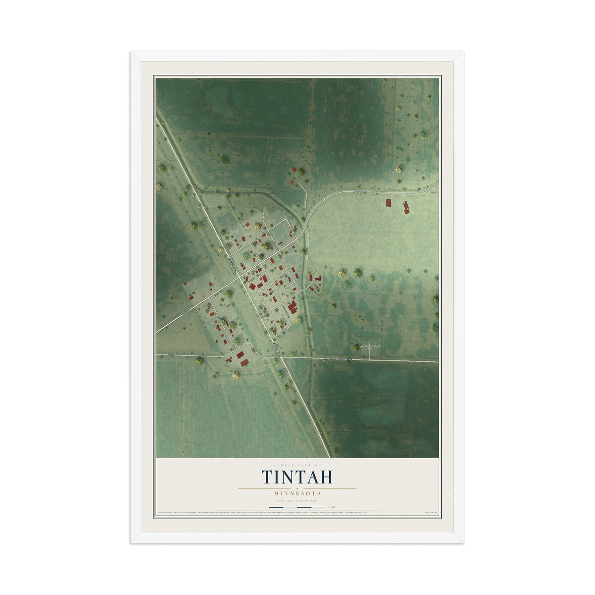 Map of Tintah, Minnesota, 12 x 18 inch print in a white wood frame