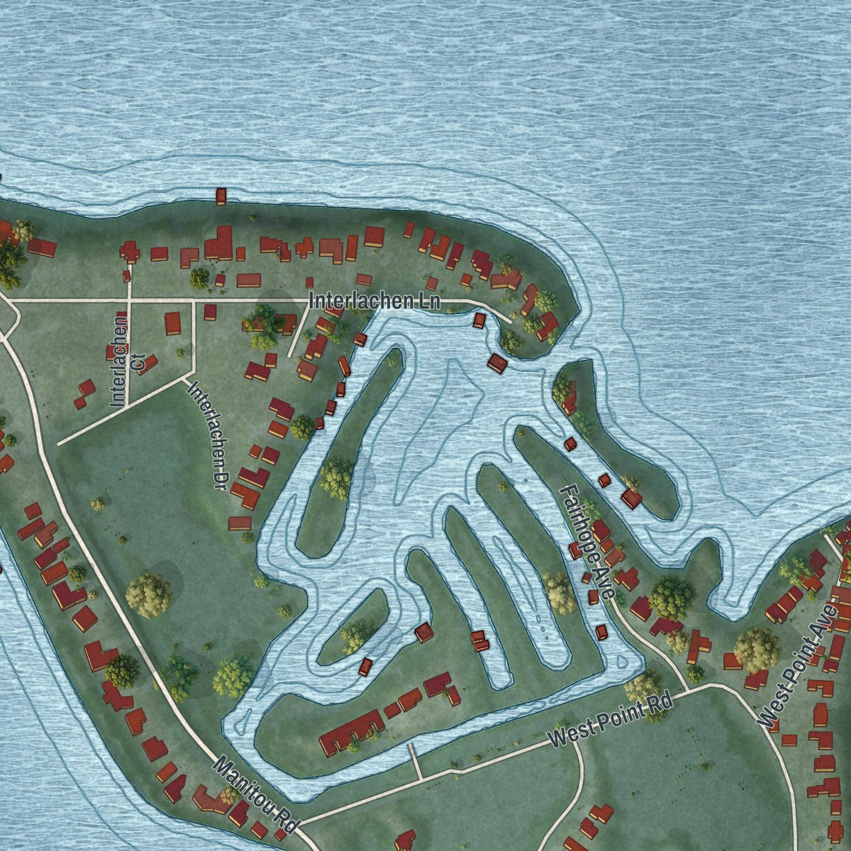 Close-up of the map of Tonka Bay, Minnesota print showing street and building detail