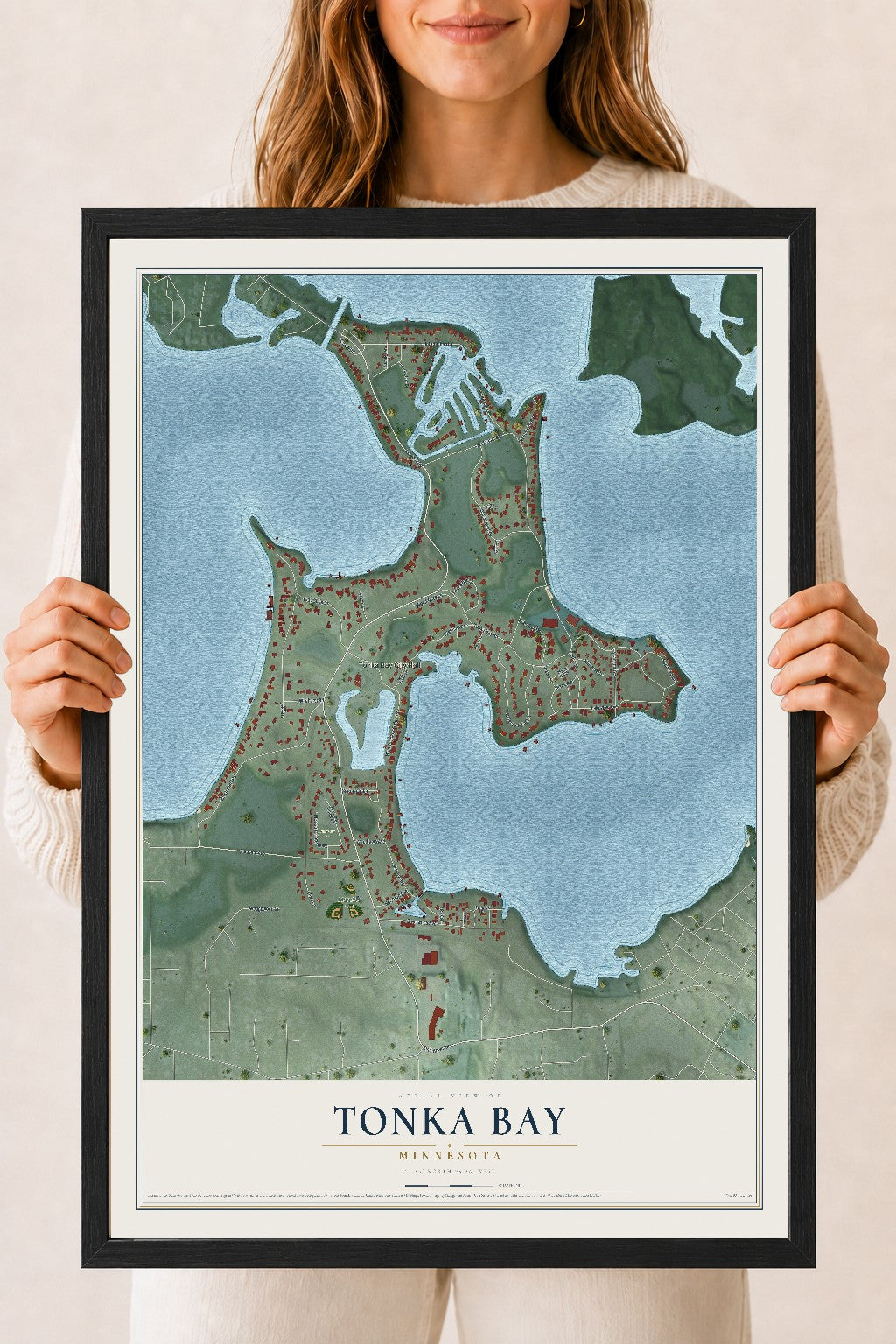 Map of Tonka Bay, Minnesota, 18 x 24 inch print in a black wood frame