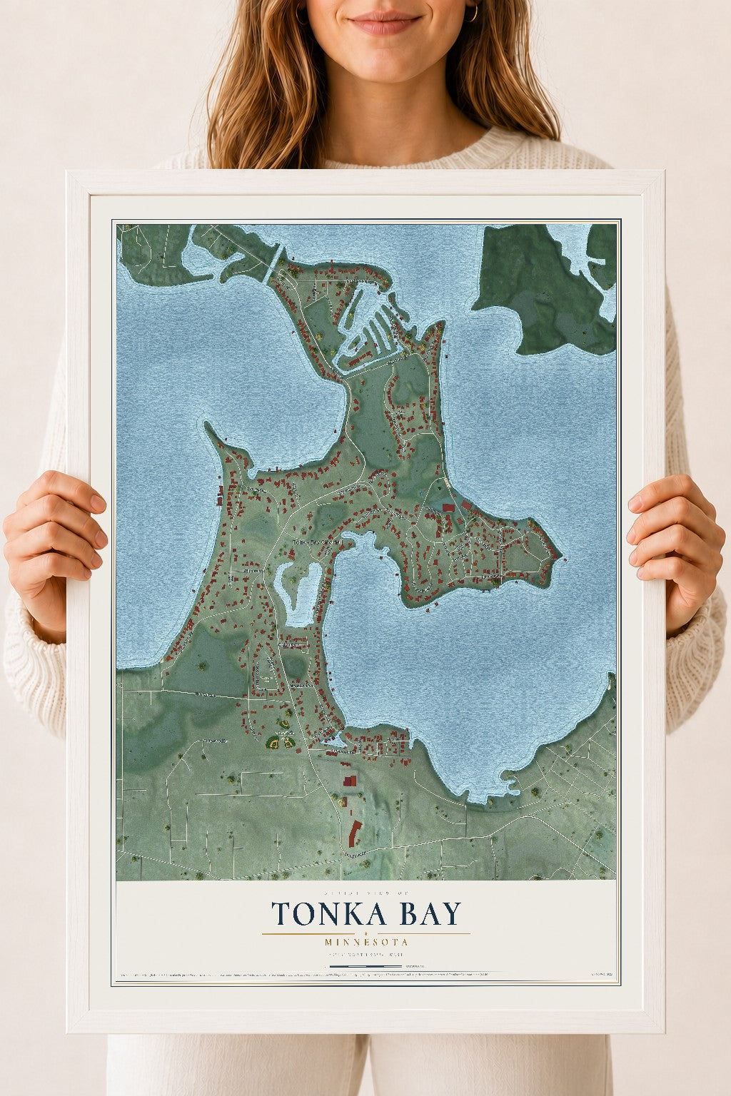 Map of Tonka Bay, Minnesota, 18 x 24 inch print in a white wood frame