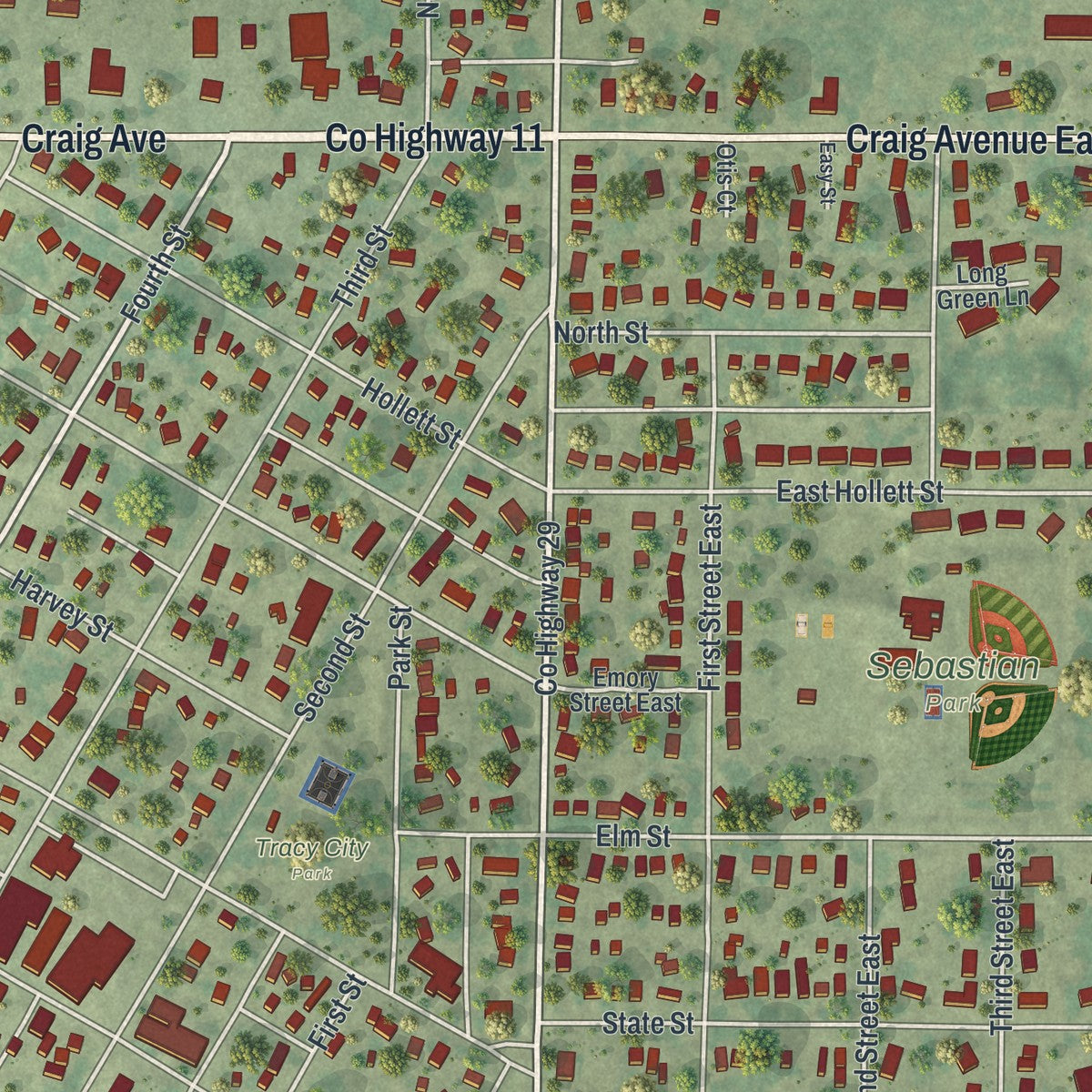 Close-up of the map of Tracy, Minnesota print showing street and building detail