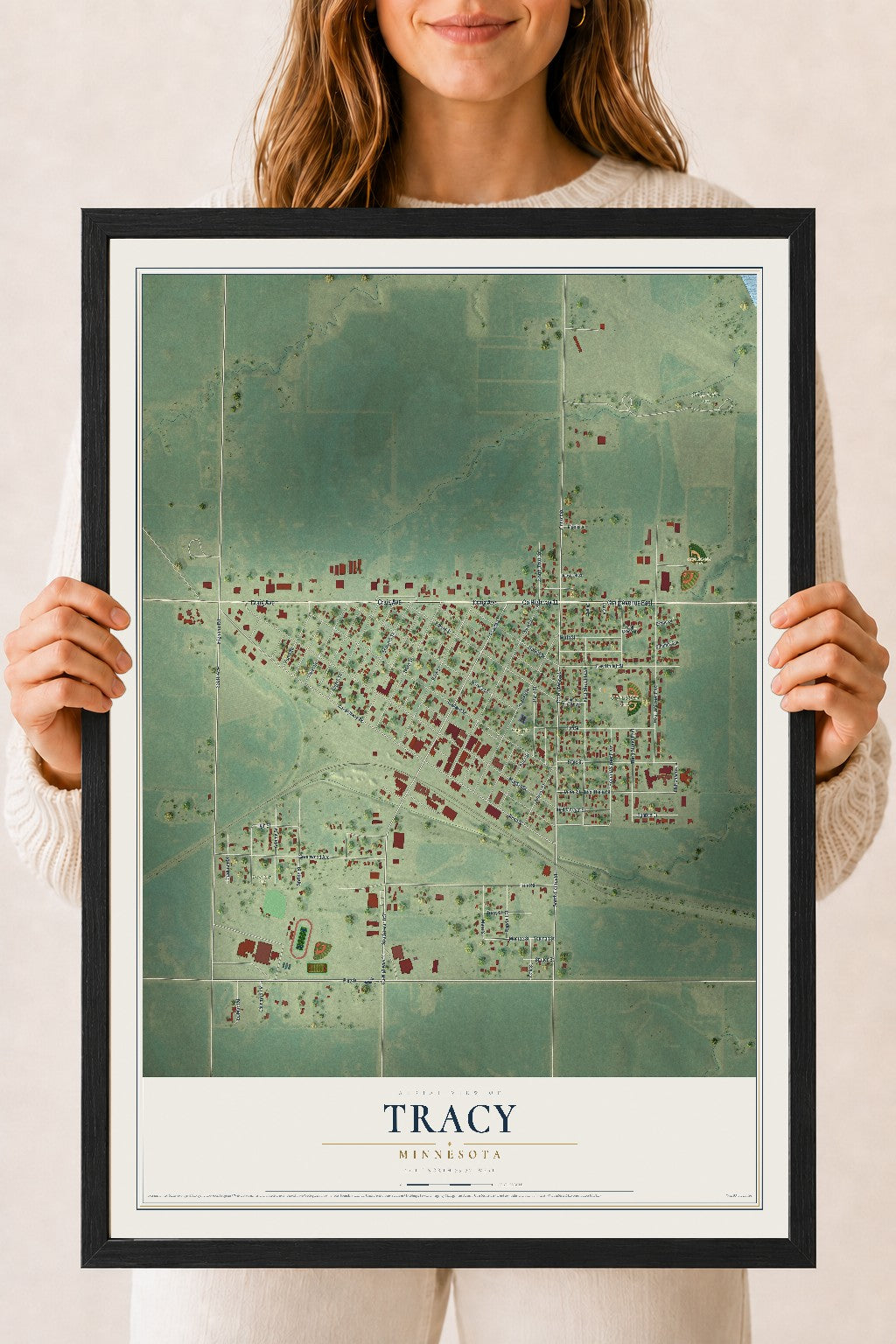 Map of Tracy, Minnesota, 18 x 24 inch print in a black wood frame