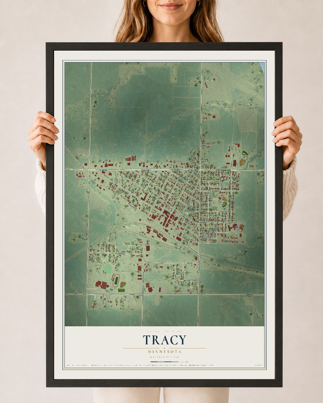 Map of Tracy, Minnesota, 24 x 36 inch print in a black wood frame