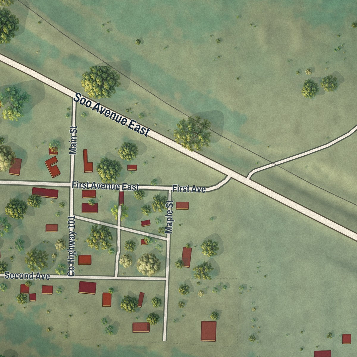 Close-up of the map of Trail, Minnesota print showing street and building detail