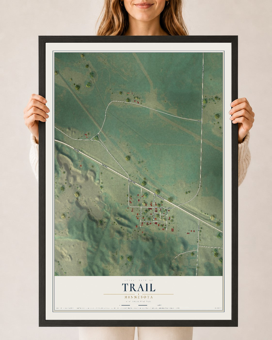 Map of Trail, Minnesota, 24 x 36 inch print in a black wood frame