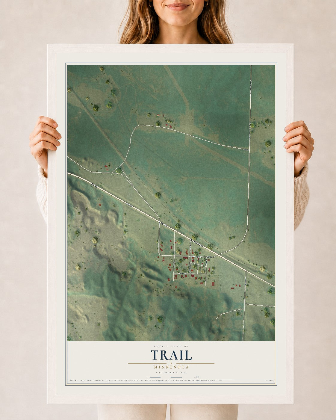 Map of Trail, Minnesota, 24 x 36 inch print in a white wood frame