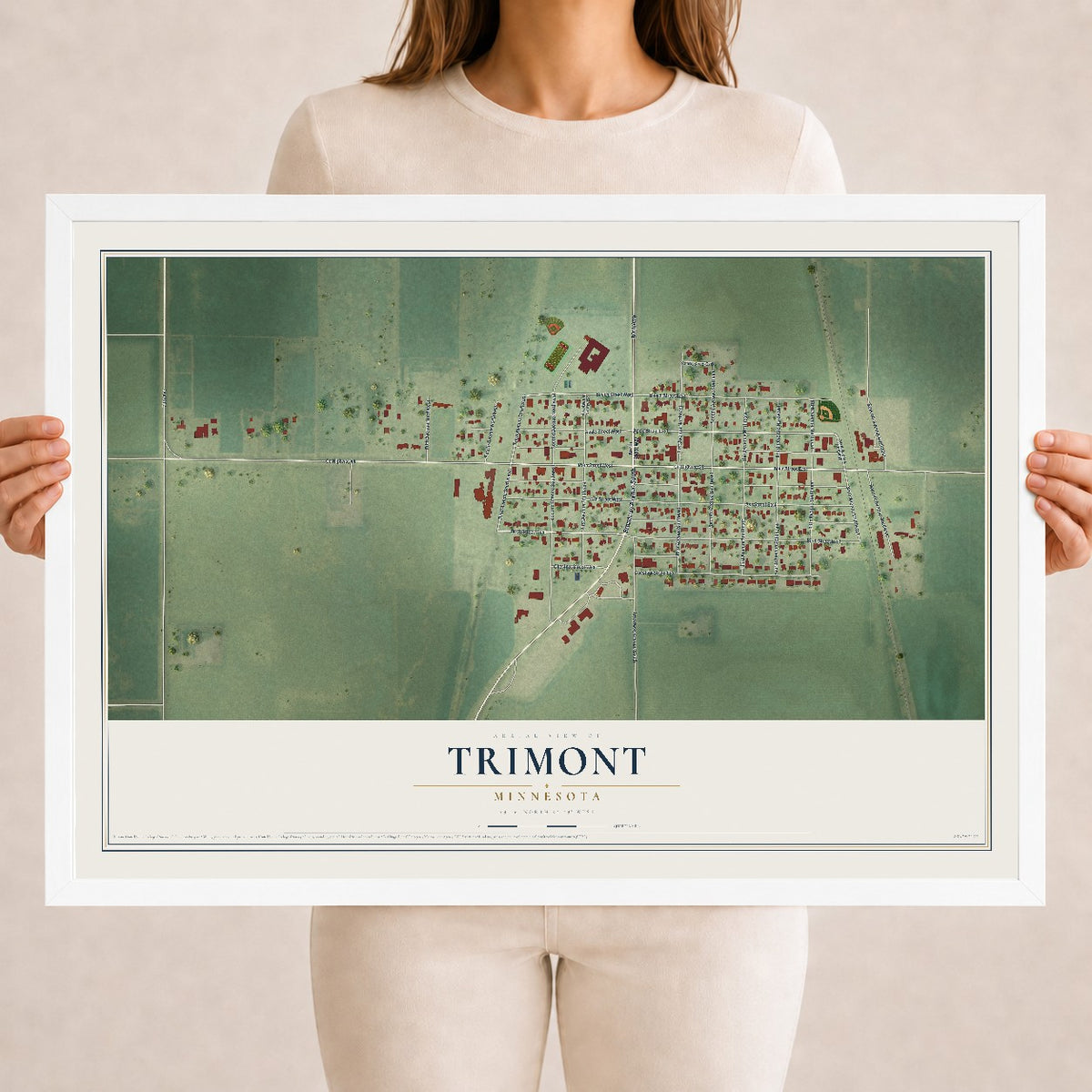 Map of Trimont, Minnesota, 18 x 24 inch print in a white wood frame