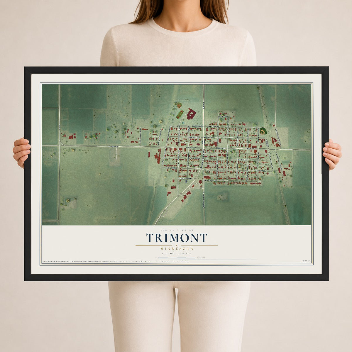 Map of Trimont, Minnesota, 24 x 36 inch print in a black wood frame