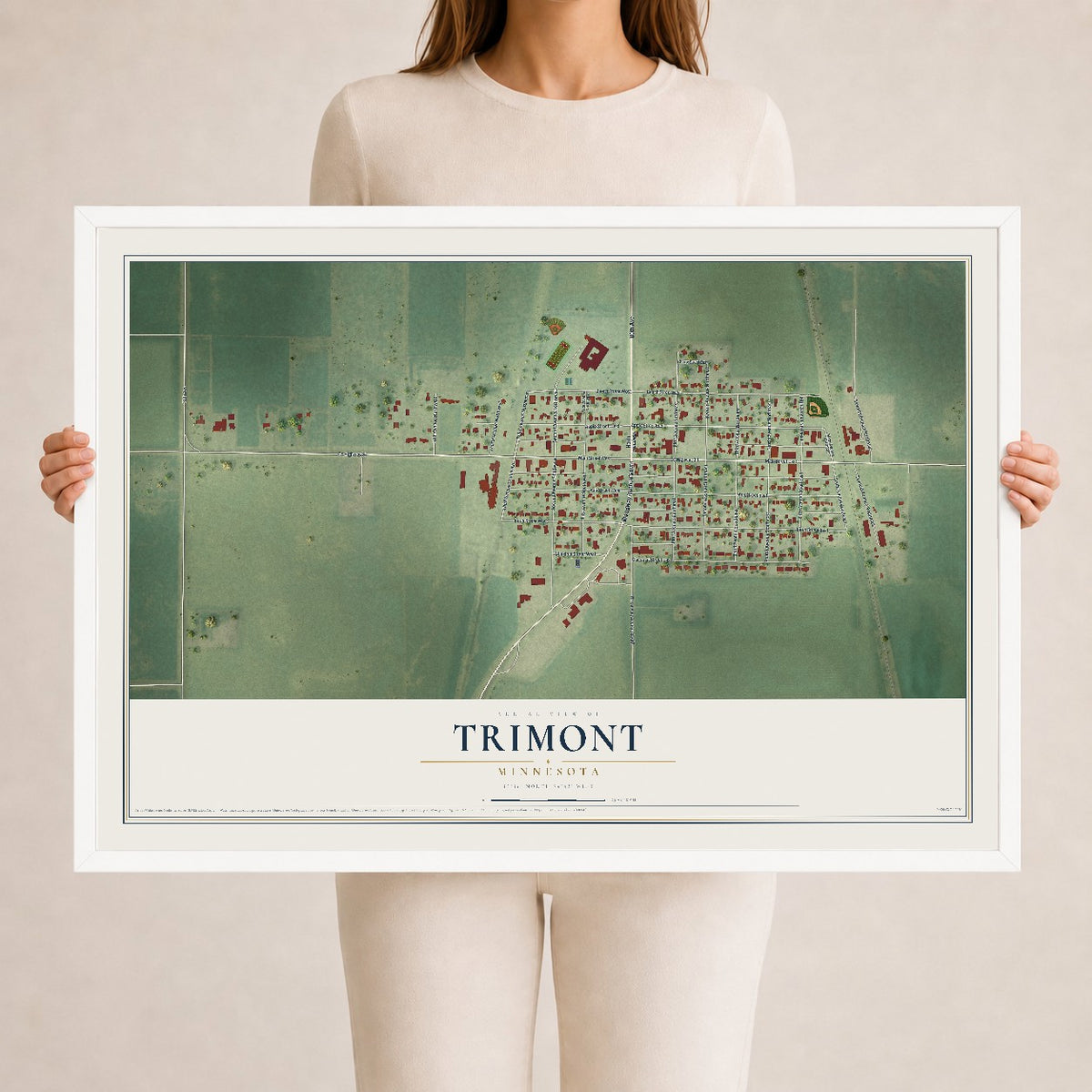 Map of Trimont, Minnesota, 24 x 36 inch print in a white wood frame