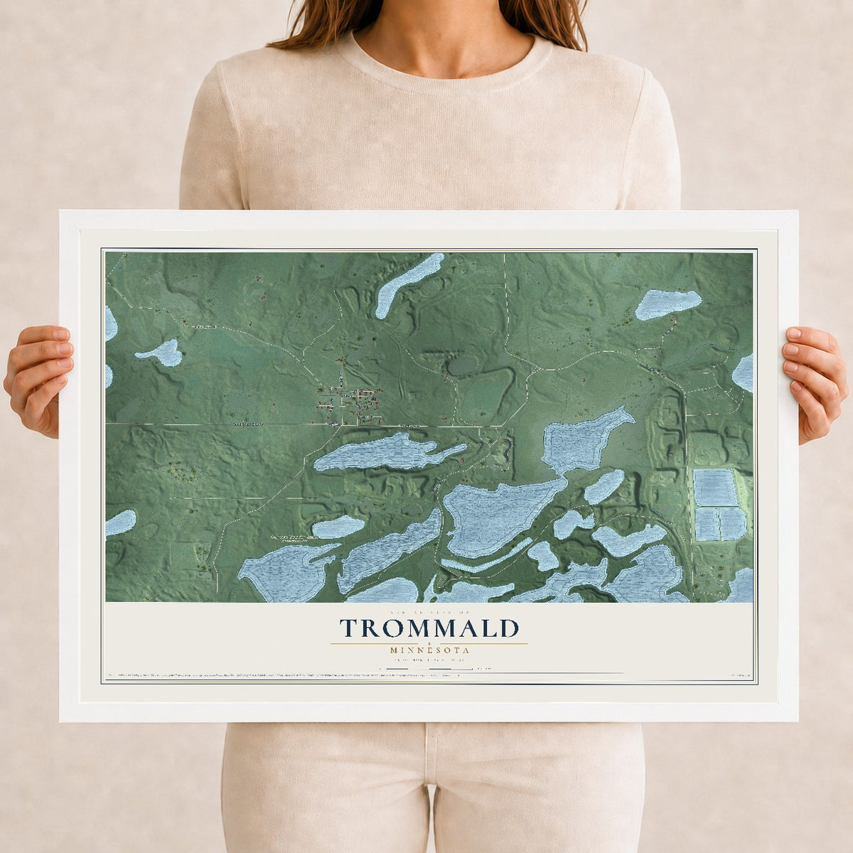 Map of Trommald, Minnesota, 12 x 18 inch print in a white wood frame