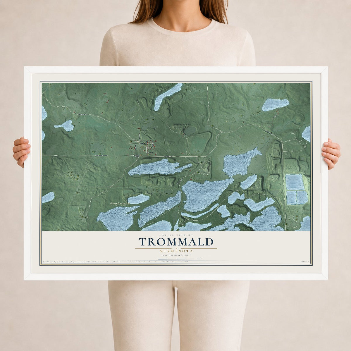 Map of Trommald, Minnesota, 24 x 36 inch print in a white wood frame