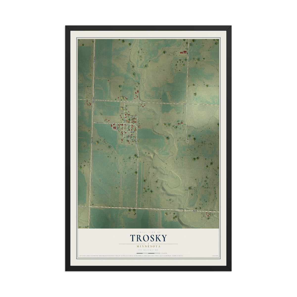 Map of Trosky, Minnesota, 12 x 18 inch print in a black wood frame