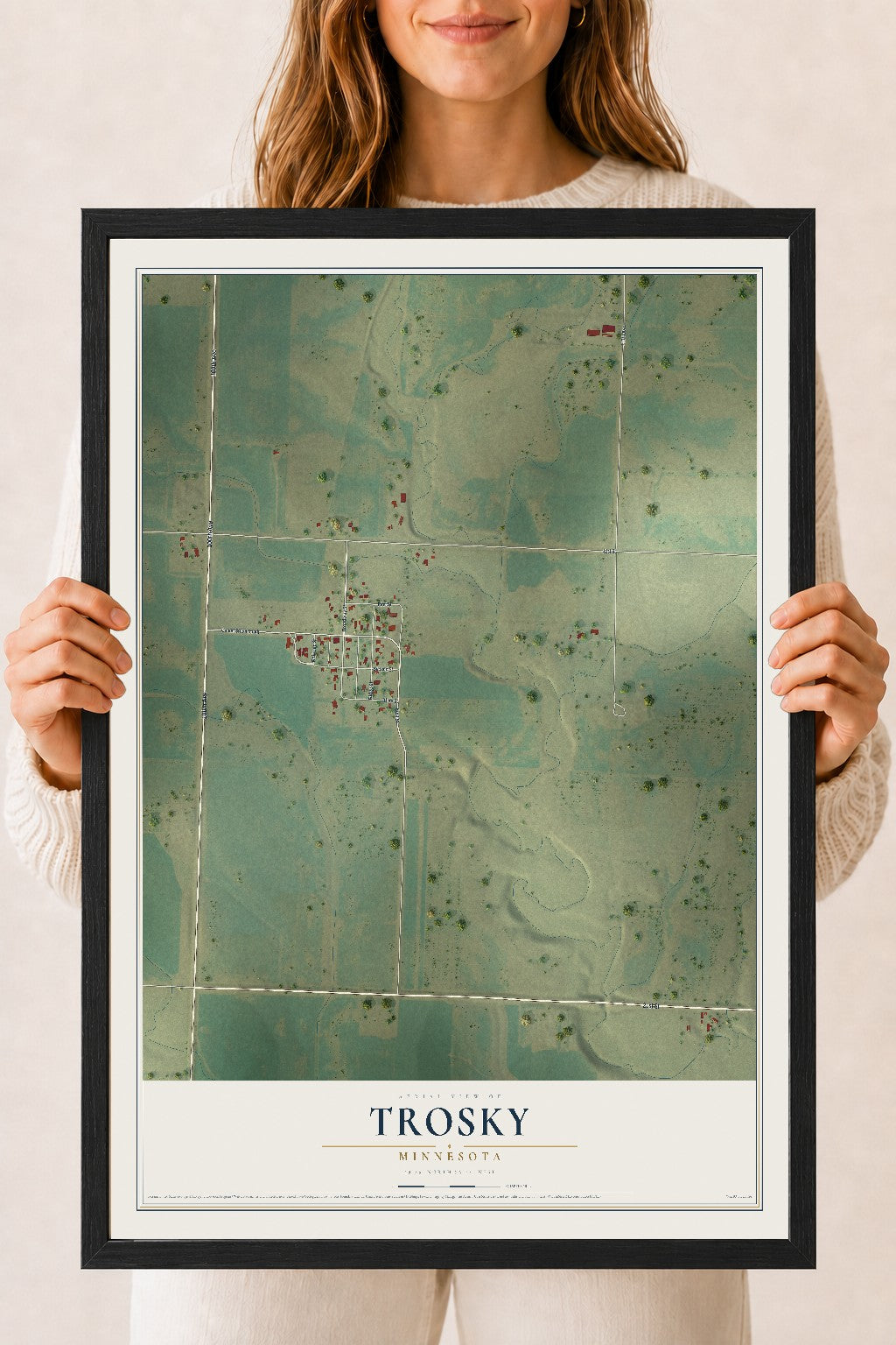 Map of Trosky, Minnesota, 18 x 24 inch print in a black wood frame