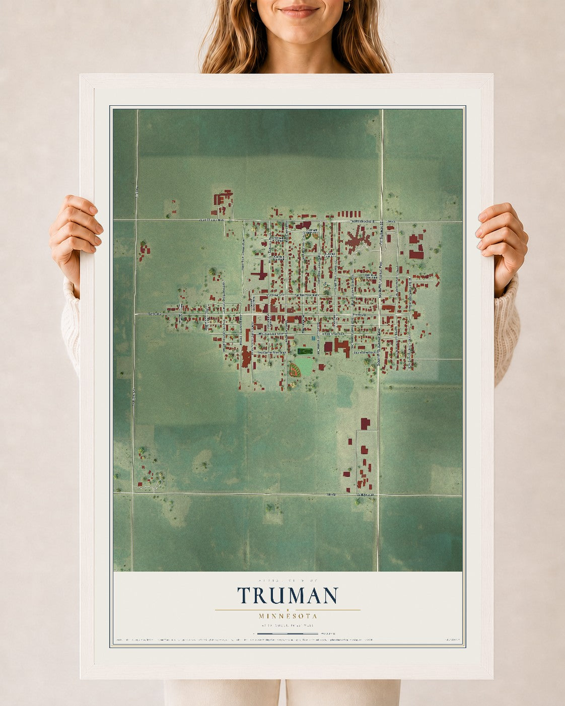 Map of Truman, Minnesota, 24 x 36 inch print in a white wood frame